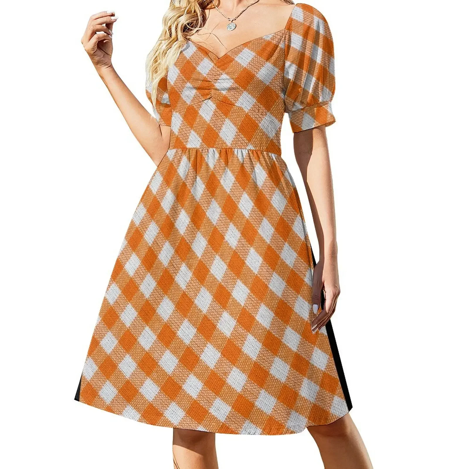 

Orange classic checkered tablecloth texture Short-Sleeved Dress Women's summer suit dress loose women's dress