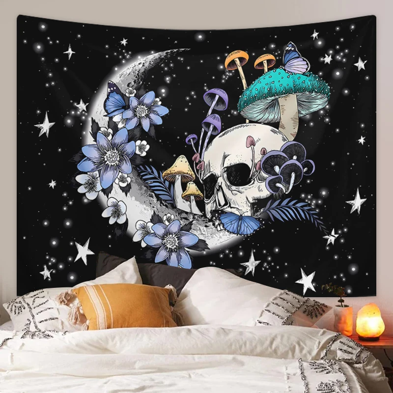 Terrifying Skull Mushroom Moon Tapestry, Stars, Butterflies, Flowers, Polyester Tapestry