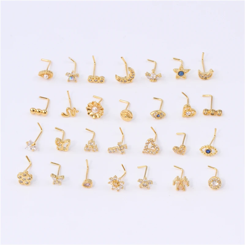 L Shape Pin Nose Studs Ring for Women Girl 18K Gold Plated Eyes Flower Star Shape Nose Pin CZ 20G