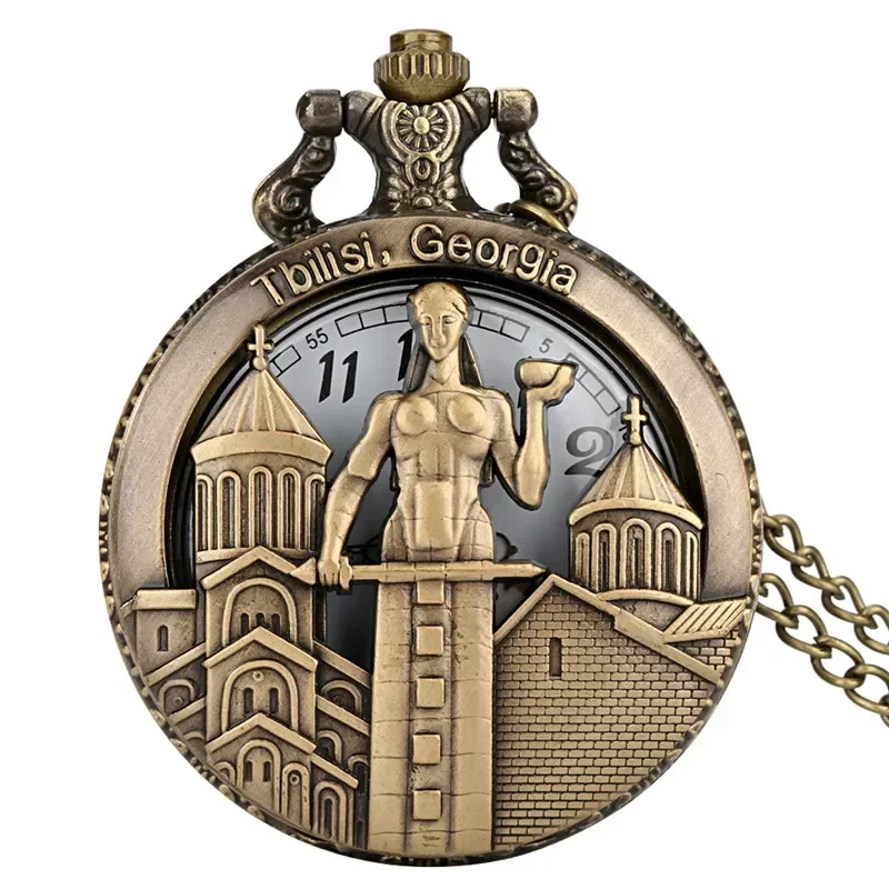 Vintage Style Clock Hollow Out TBILISI GEORGIA Design Men Women Quartz Analog Pocket Watch Arabic Number Necklace Pendant Chain