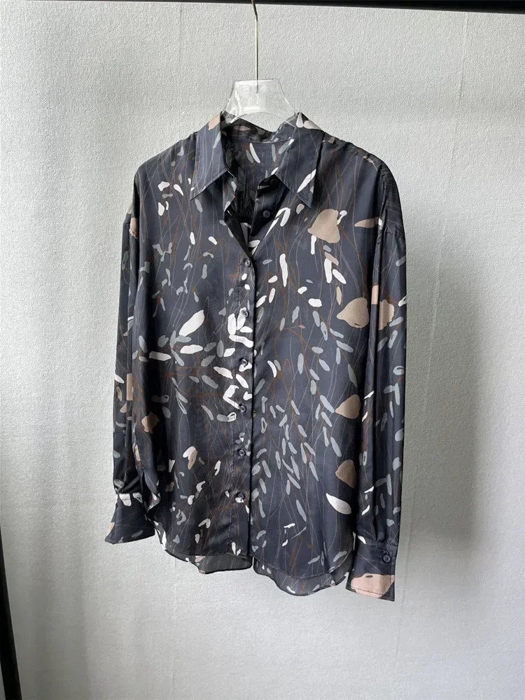 

Женская шелковая блузка с воротником-стойкой, расшитая бисером и цепочками, с винтажным принтом, свободного кроя, с рукавами-фонариками, осень 2023