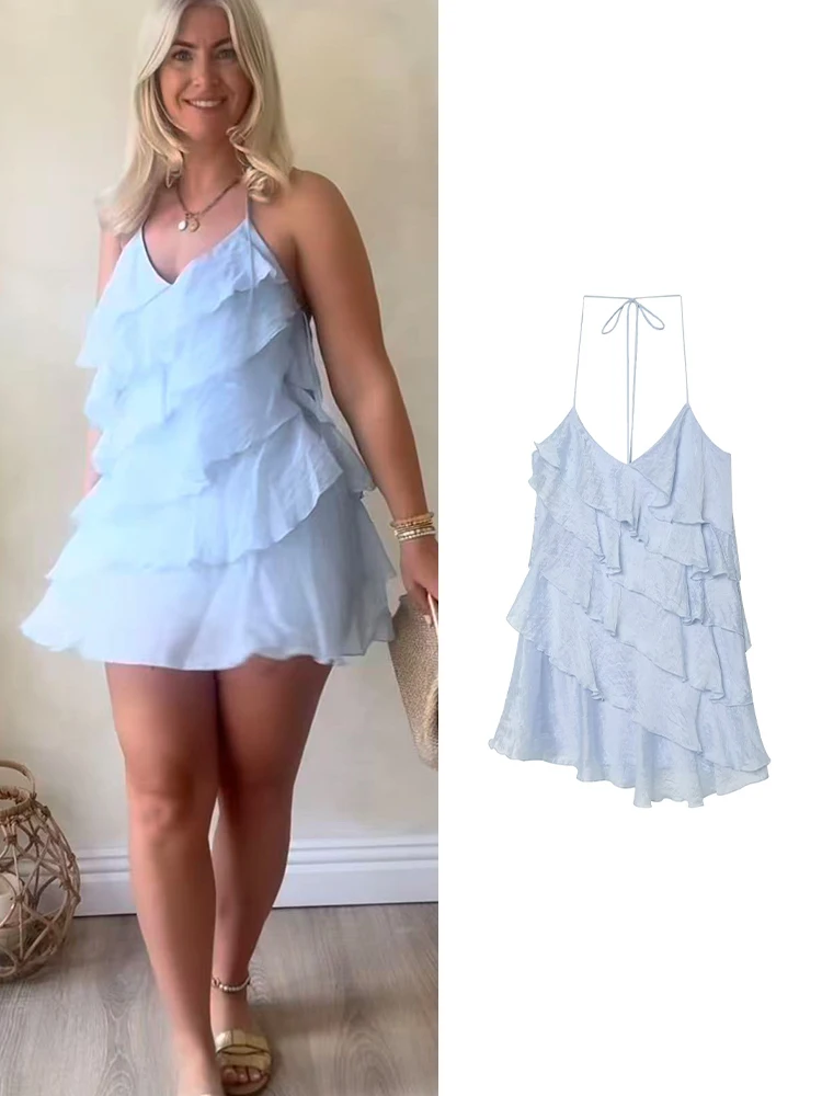TFMLN 2026 Summer Women's Ruffled Dress New Sexy Backless Halter Neck V-Neck Tierred Mini Dress Fashion Casual Solid Dress