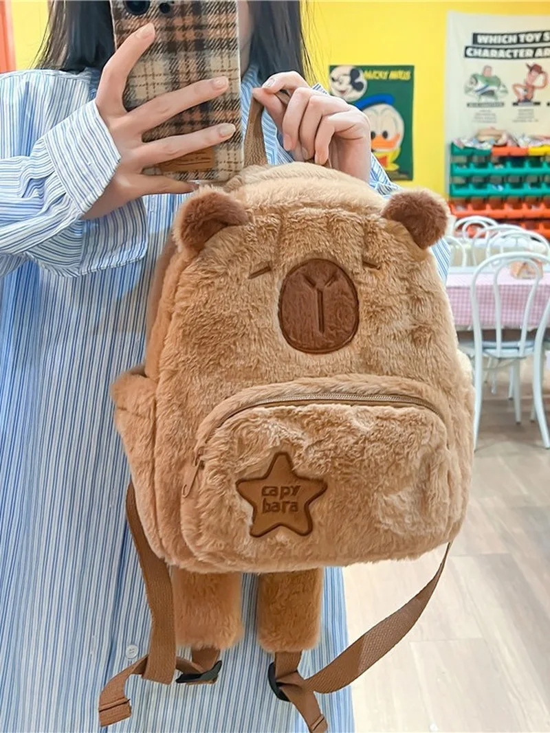 Student School Bag Capibala Plush Capybara Bag Casual All-Match Fur Bag Large Capacity Backpack School Bag Mochila Children Gift