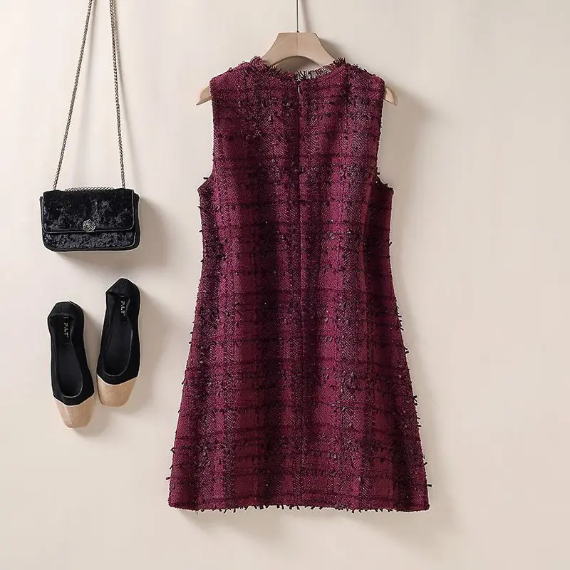 Chaleco de lana falda bolsillo con cuentas Tweed A-Character vestido fino 2025 invierno nueva ropa de mujer