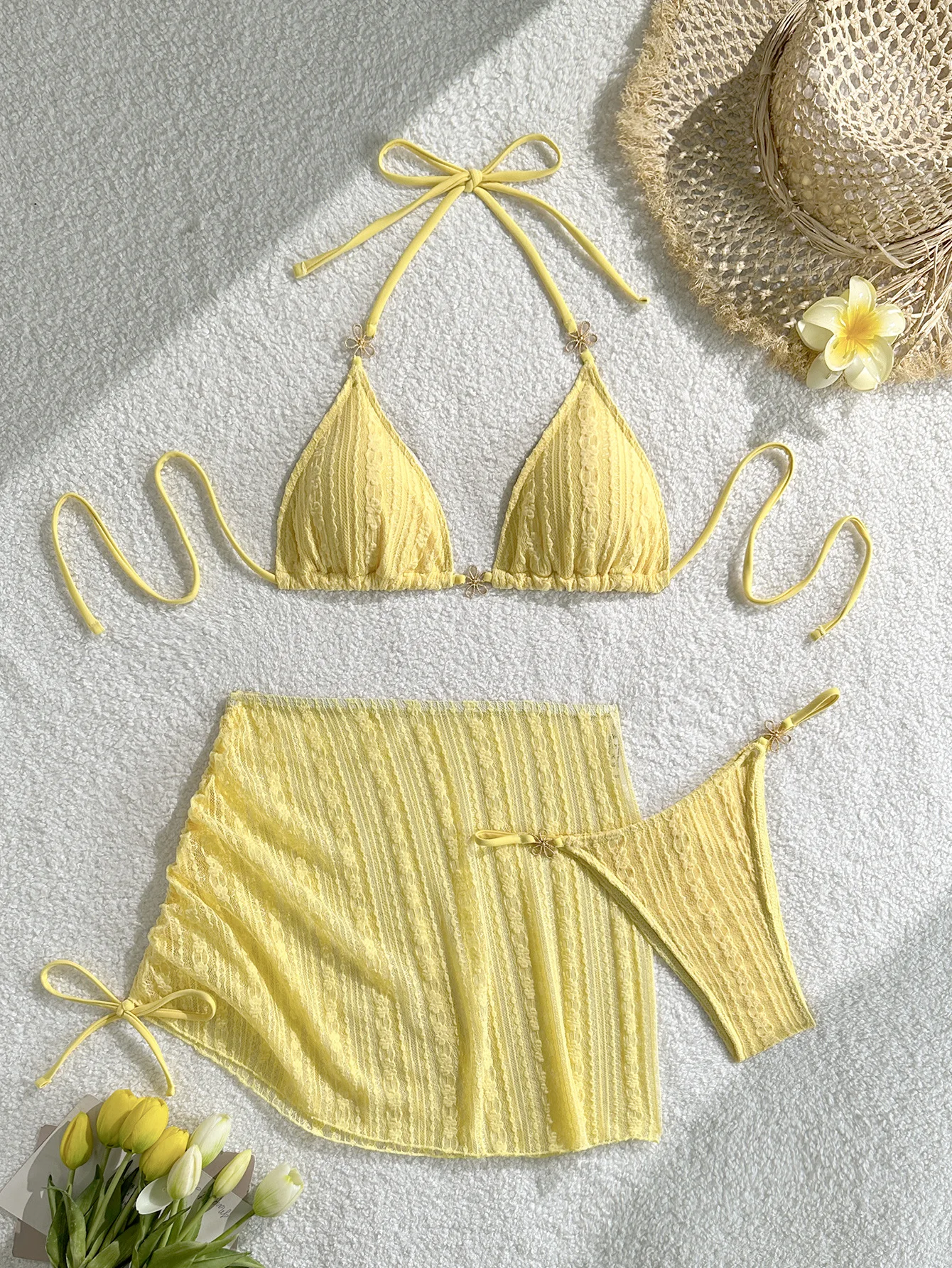 Sexy Drawstring Pleate Skirt 3 Piece Bikini Set Women 3D Metal Flower Strap Push Up Thong Swimsuit Beach Bathing Suit Swimwear