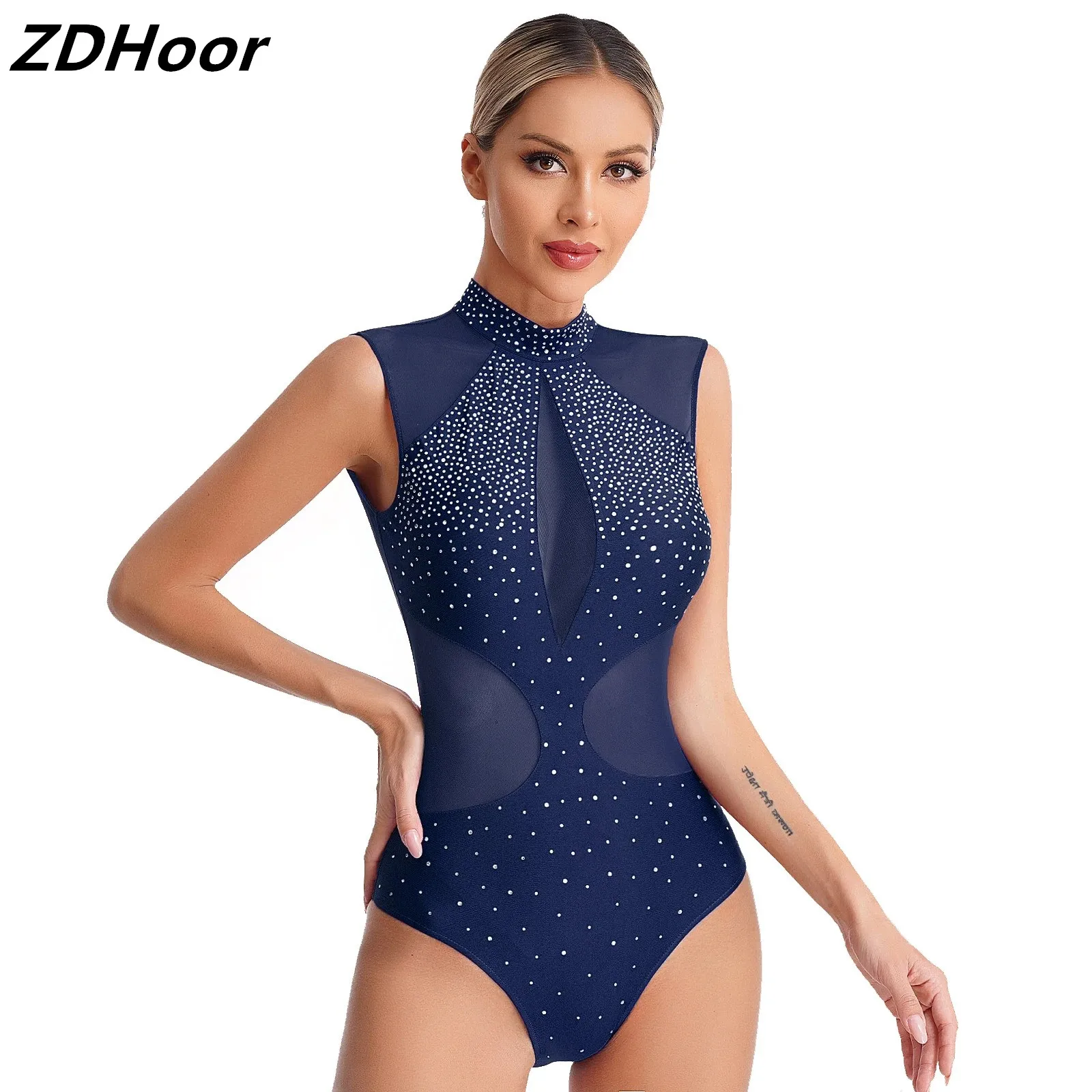 

Womens Figure Skating Dance Leotard Sparkly Rhinestones Sheer Mesh Patchwork Sleeveless Cutout Back Bodysuit for Gymnastics