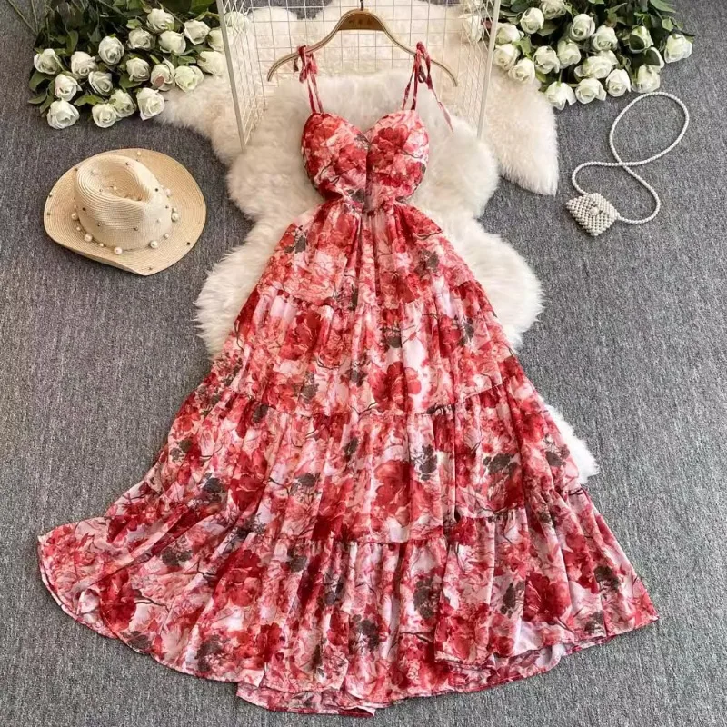 Women Floral Spaghetti Strap long Dress Elastic Ruched Sexy Hollow Backless Party Dress Summer Boho Vacation Beach Sundress 원피스