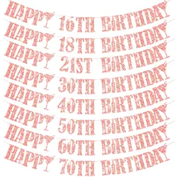 Glitter Rose Gold Number 16/18/21/30/40/50/60/70/80th Years Old Happy Birthday Banner Garland for Birthday Party Decoration