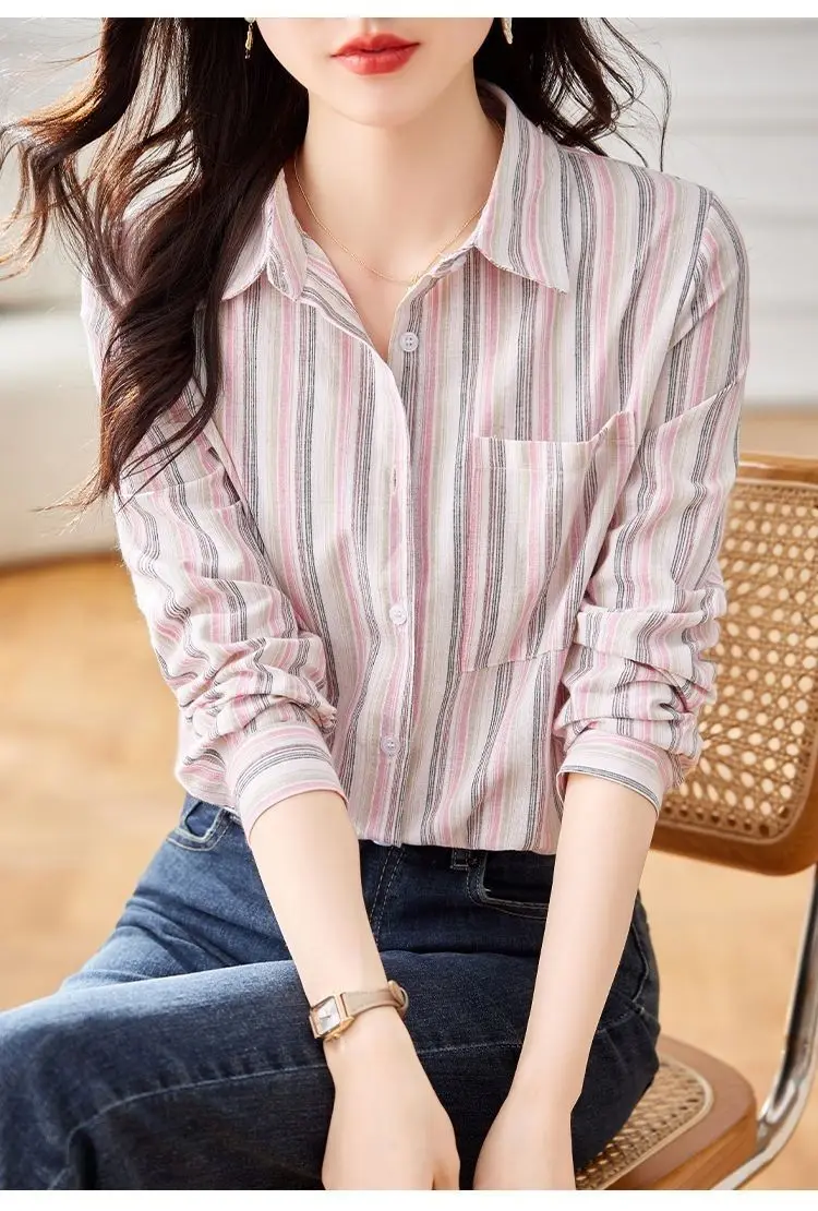 Elegant Vertical Stripe Long Sleeved Shirt Women Collar Shirt Spring Summer Style Elegant Simple Commuting Style Top for Women