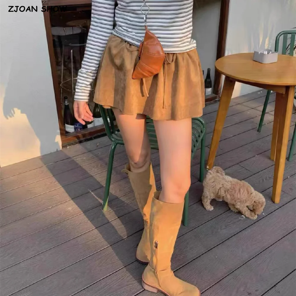 2024 Lacing Up Bow Elastic High Waist Suede Faux Leather Mini Cake Skirt Ball Gown Swing Women Skater Party Femme Camel Black