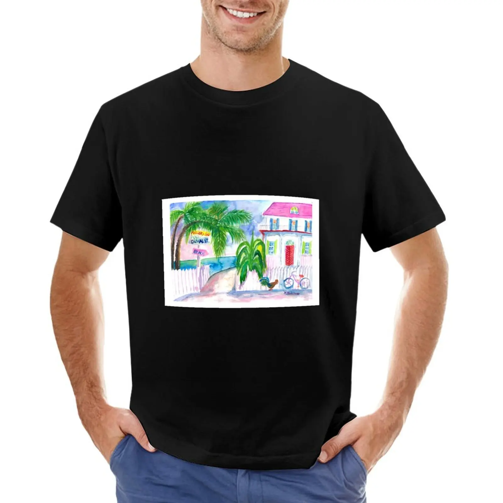 Key West Pink House and Signpost with Bike T-Shirt vintage clothes street wear shirts graphic tee men