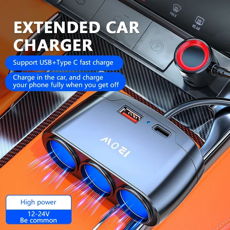 Car Charging Adapter One Tow Three Conversion Head with USB+PD Extended High Power 12V24V Universal Model
