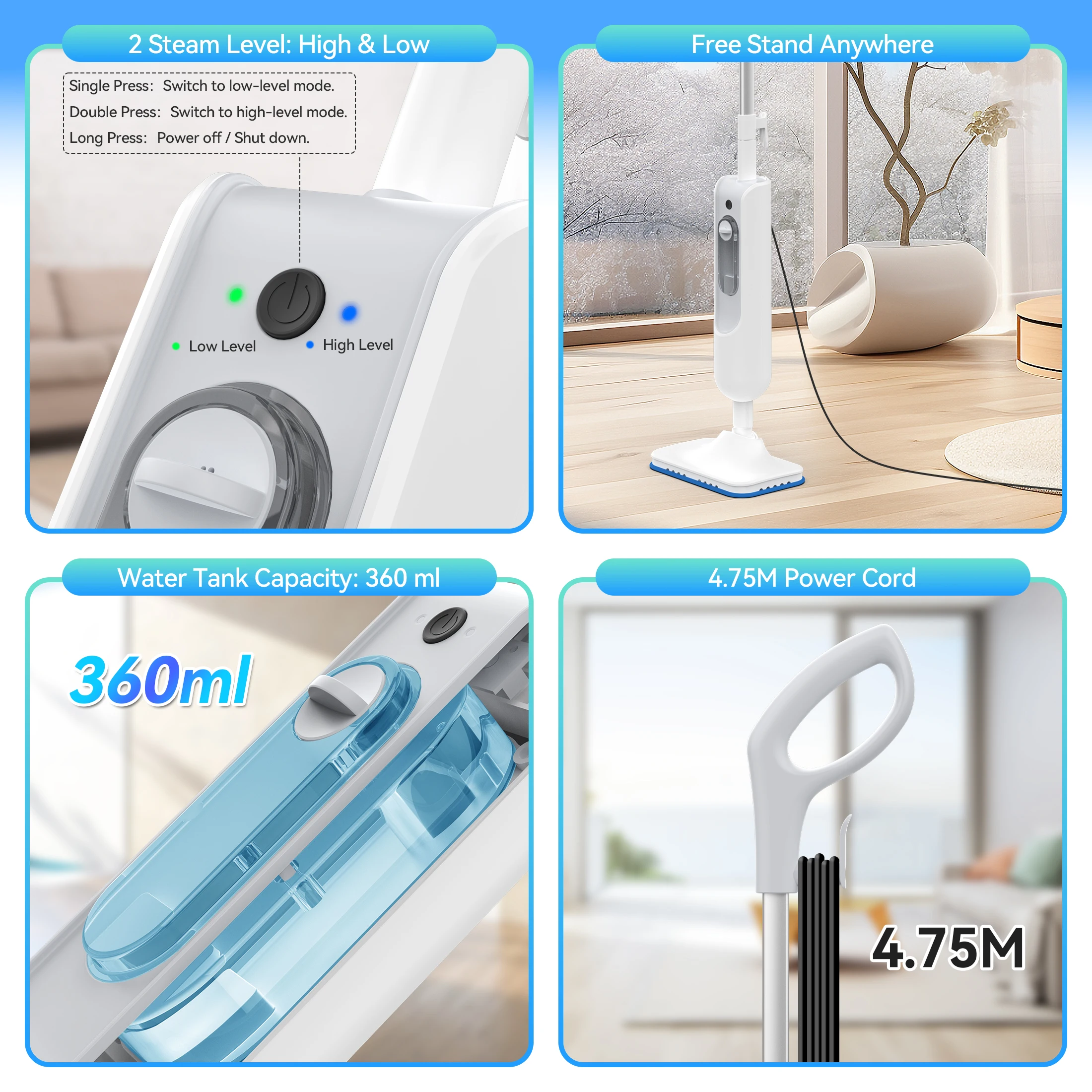 INSE Powerful Steam Mop High Temperature Cleaning Detachable Handheld Steam Cleaners 360ml Fast Heating for Carpet Hard Floor F2