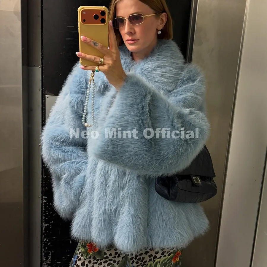 Neo Mint Trendy 2026 Winter Hot Chocolate Brown Peplum Fur Jacket Women Vintage Fashion Fluffy Faux Fox Fur Coat Long Outerwear