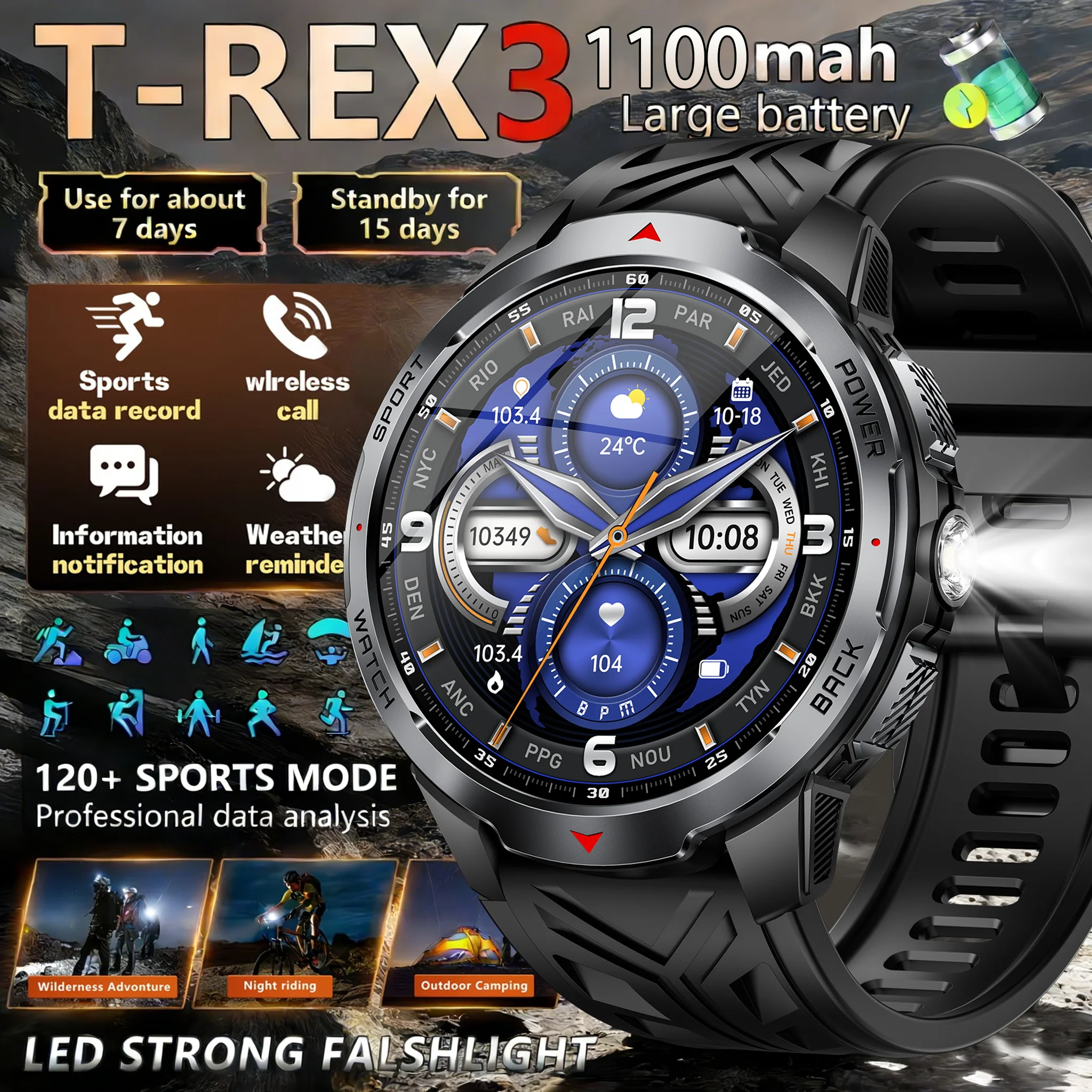 

Умные часы с LED-фонариком, компасом, функцией звонков по Bluetooth, для мужчин, многофункциональные спортивные часы с фитнес-трекером, батарея 1100 мАч, умные часы для активного отдыха.