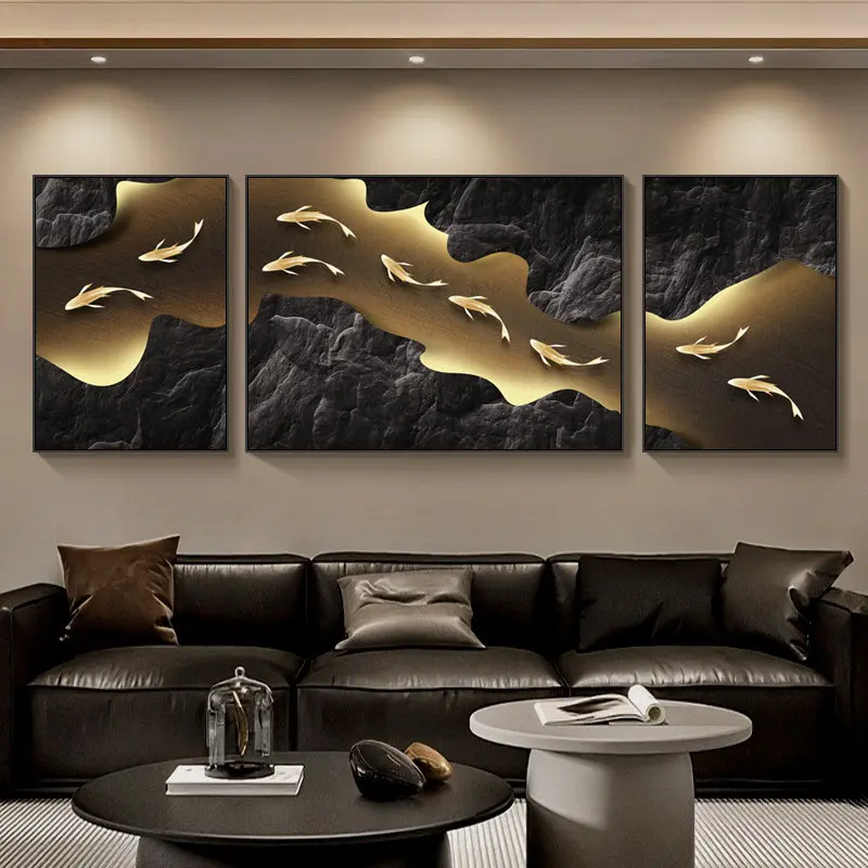 Luxury Nine Fish Graph Wall  Backdrop With Digital Display Living Room Bedroom Lighting Painting Equipped Digital Clock Display