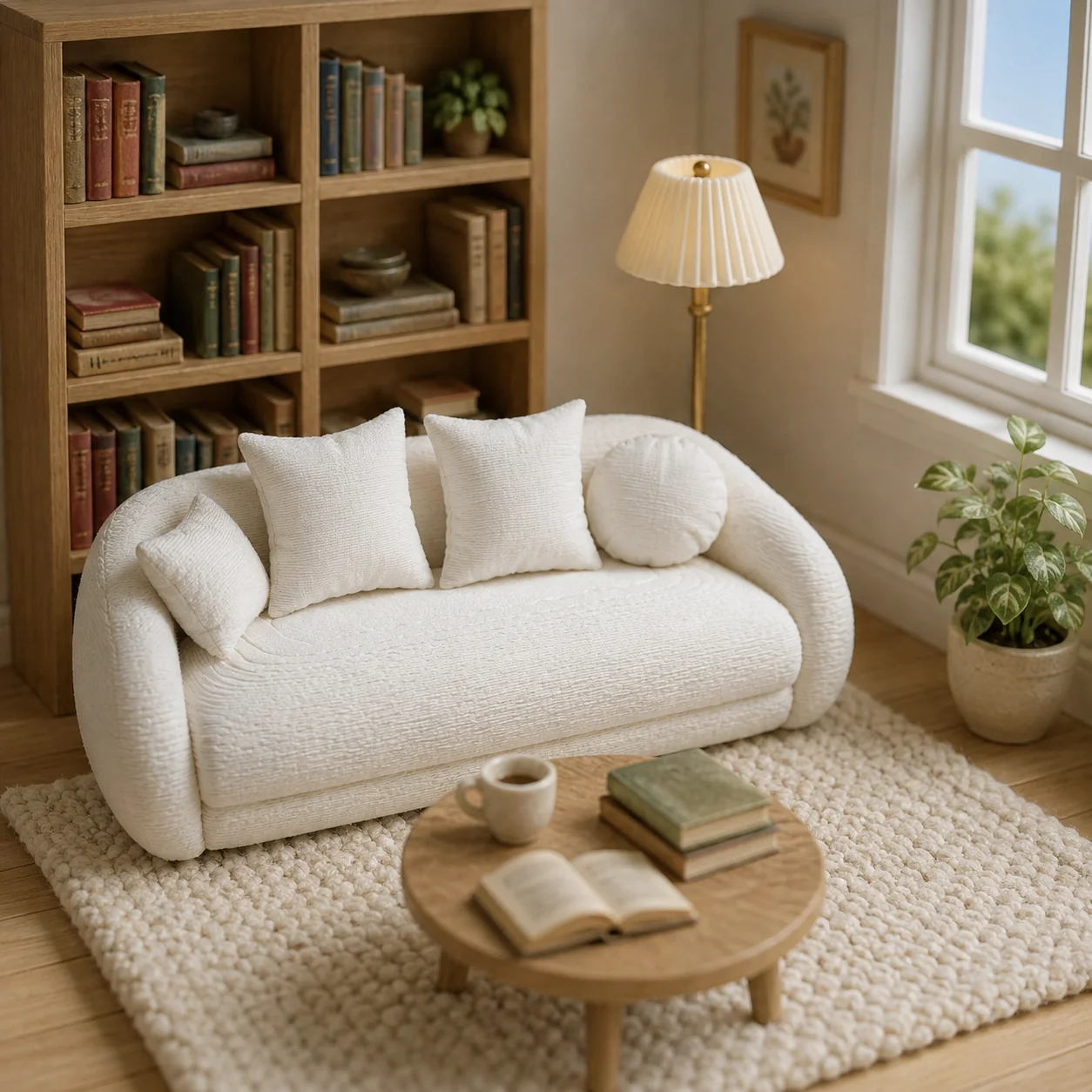 Weißes Sofa-Modell für Puppenhäuser mit Kissen, Miniatur-Wohnzimmermöbel-Dekoration, Zubehör für kleine Haus-Szenen. – Detail 3