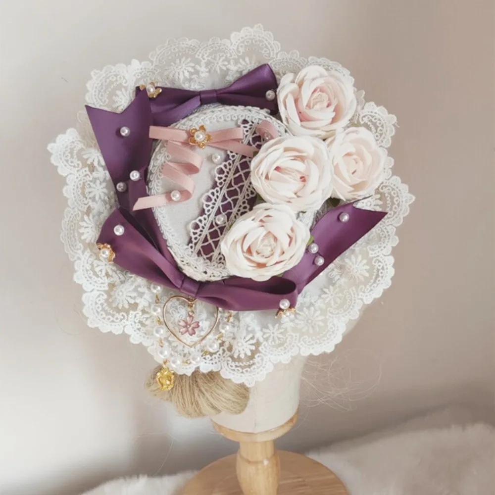 Lolita Flower Bride Flower Hair Accessories Flat Hat Tea Party Hair Clips Small Bowler Hat Headpiece 3