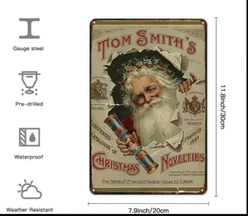 TOM SMITH'S CHRISTMAS NOVELTIES SANTA CLAUSE RETRO METAL TIN SIGN WALL DECOR ART