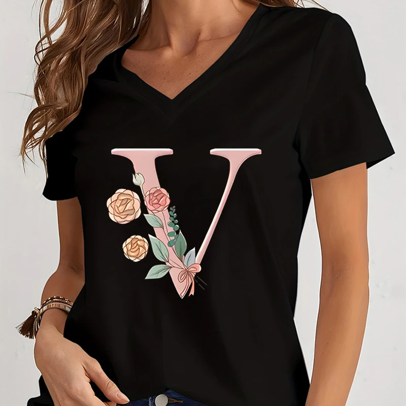 Cartoon Alphabet Flower Graphic Tee Women's Clothing Pink Flower Alphabet Gift T-shirt Female Vintage 26 Initials Flower T-shirt