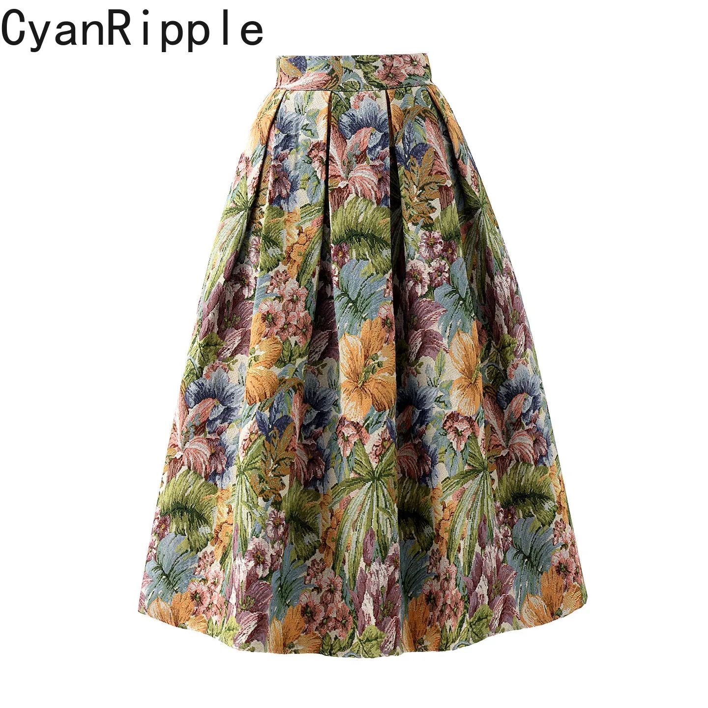 High Quality New Autumn Vintage Flowers Embroidery Jacquard Women Puff Skirt Elegant High Waist Mid-length A-line Umbrella Skirt
