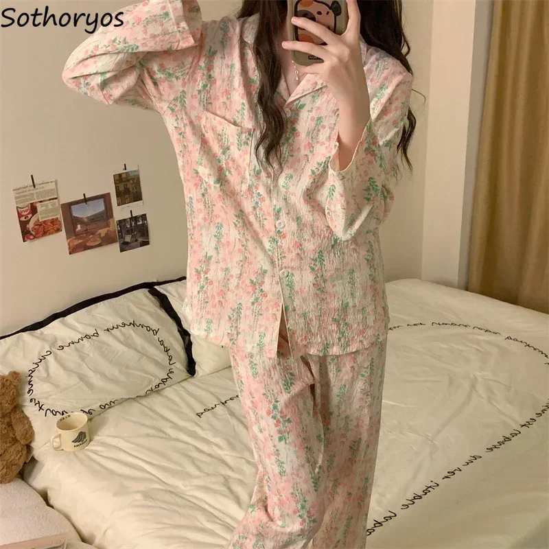 Floral Pajamas Women Sleepwear Breathable Sweet Baggy Soft Prairie Chic Home Spring Autumn All-match Dormitory Pijamas De Mujer