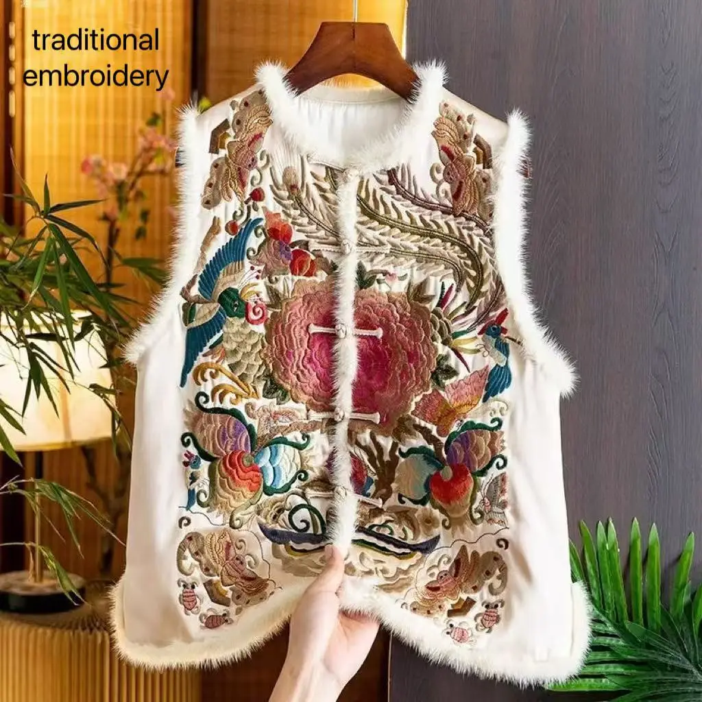 Winter Light Luxury Floral Embroidery Top Shirt Women's Traditional Satin Cotton Vest Vintage Fashion Outer Wear New Year Suit