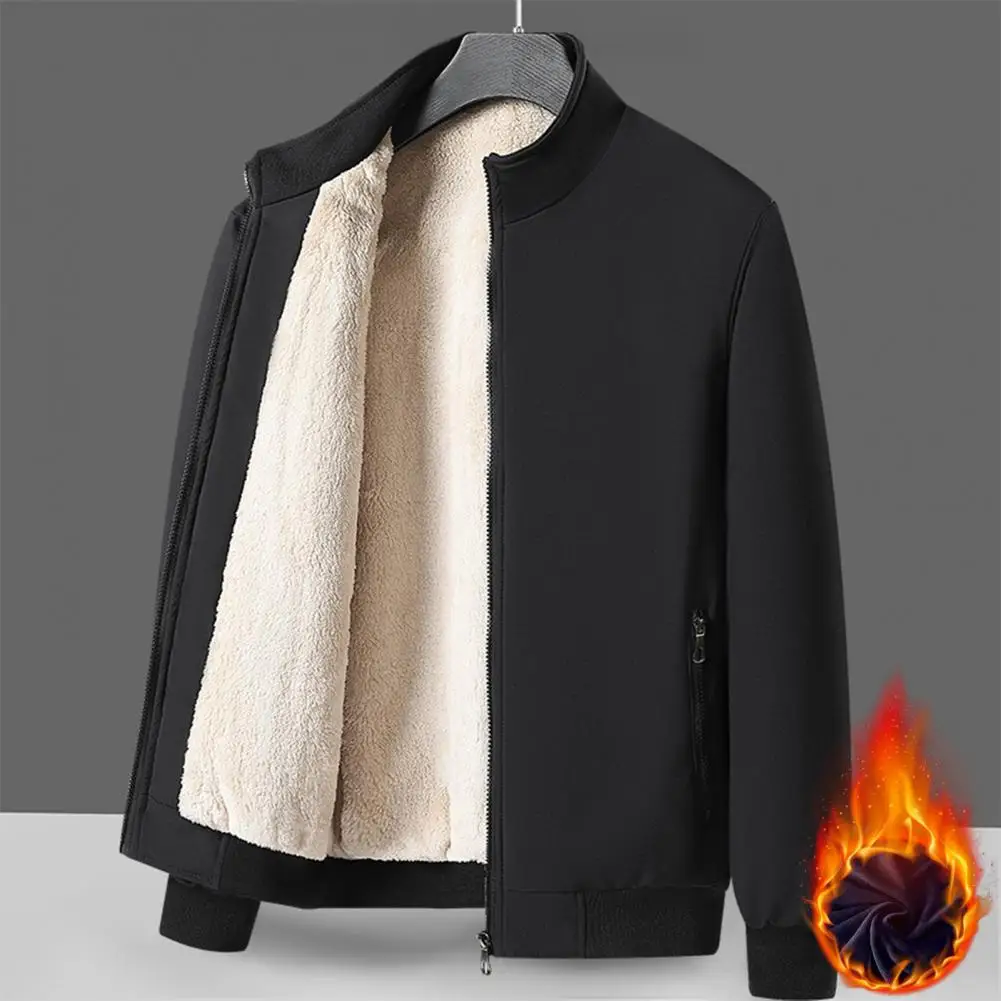 Zipper Pockets Cotton Coat Men's Winter Business Outerwear with Velvet Lining Pockets Stylish Cotton Coat for Weather Cozy