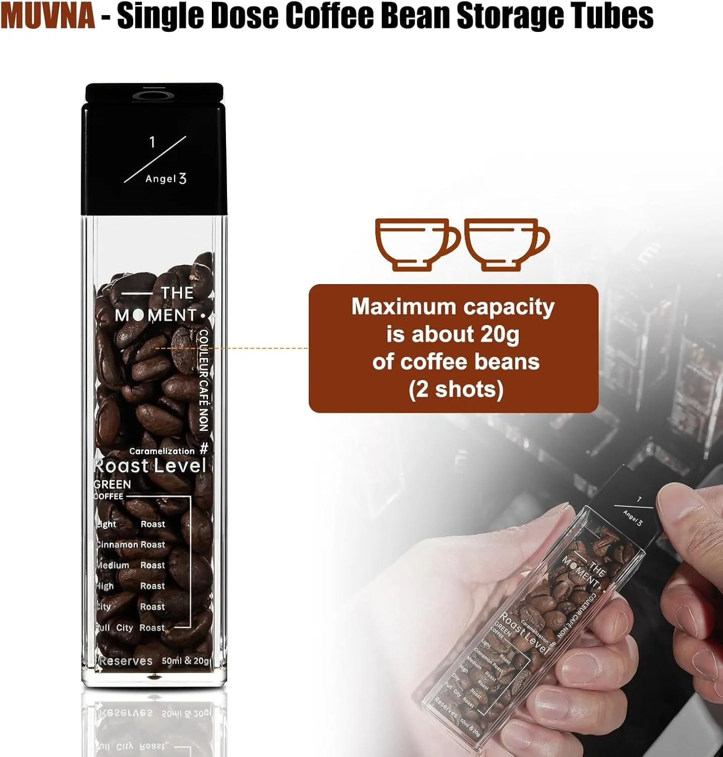 MUVNA Coffee Beans Storage Container Plastic Tube Bottle with Breathable Lid Acrylic Base Barista Accessories Coffeware Set Gift