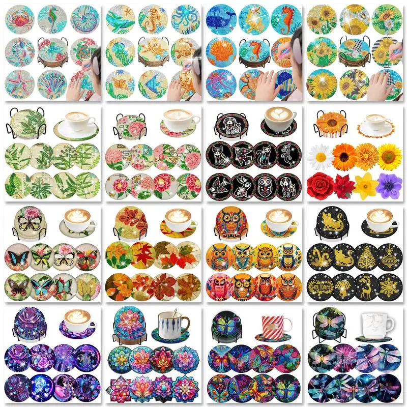 GATYZTORY 8Pcs DIY Diamond Painting Art Coaster Kit Animal Pattern Drink Cup Cushion Strong Adhesion Diamond Painting Kits For C