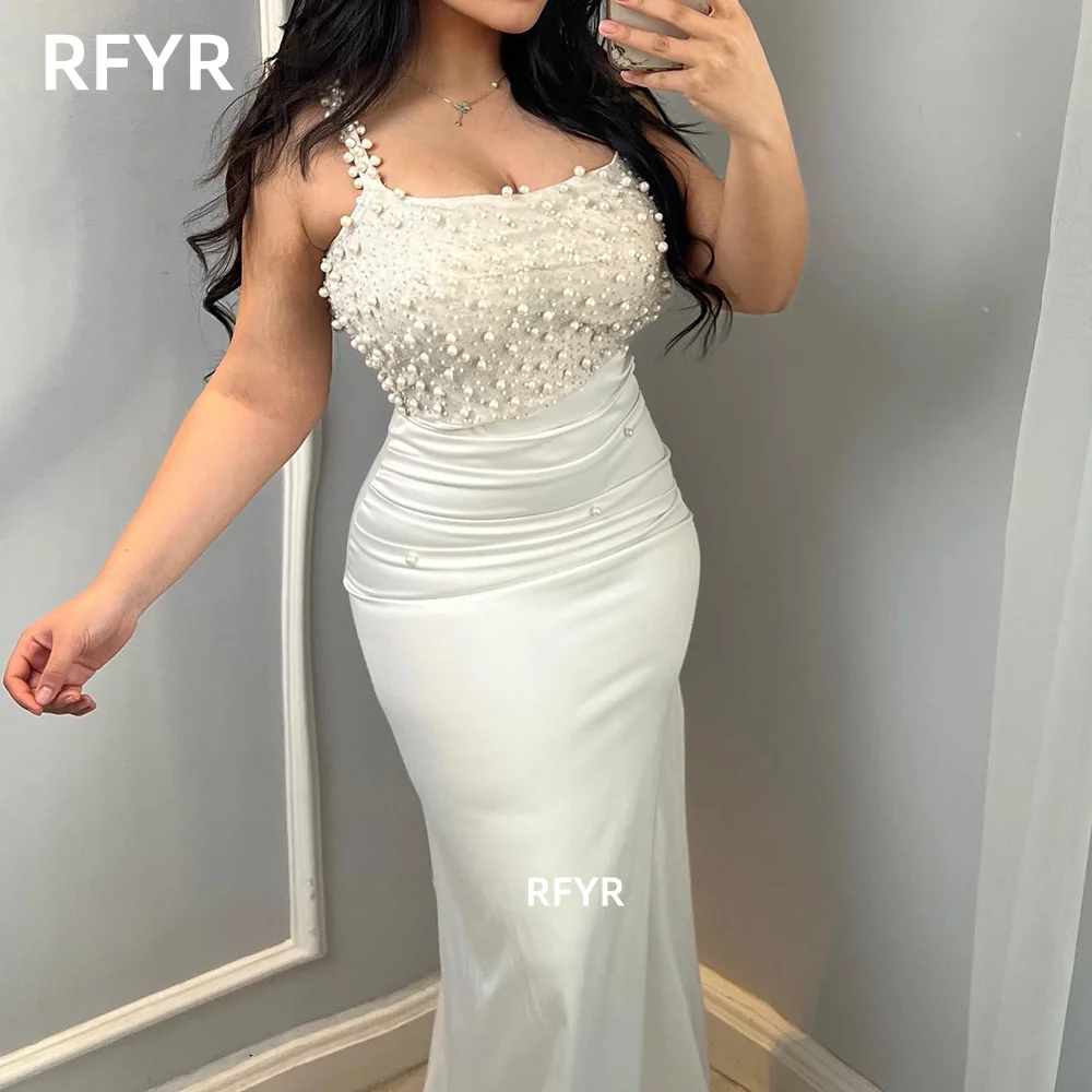 

RFYR White Evening Dress with Pearls Glitter Prom Dress Beading Mermaid Party Dress for Arabic Women Gala Dress Customized
