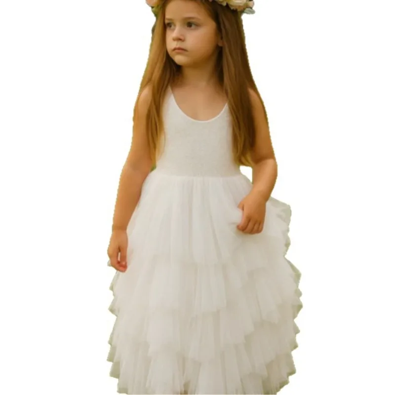 New Summer Kids Girl Princess Dress Sleeveless Lace Open Back Ruffle Tulle Tutu Children Wedding Party Formal Dresses A0001-1 image 5