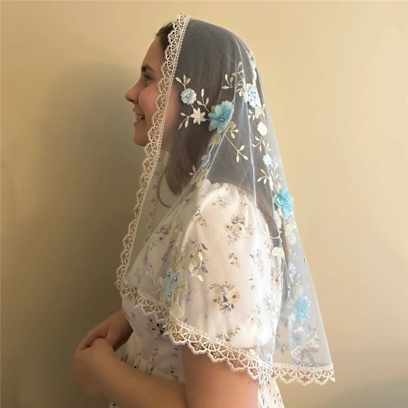 

Blue D Shape Gold White 3D Flowers Floral Mantilla Veils Catholic For Church Mass Christian Prayer Women Chapel Lilac Red Pearls