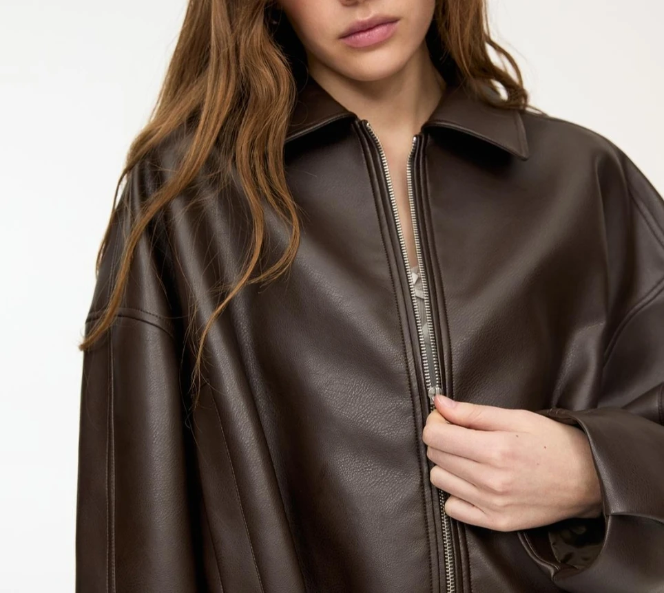 

Retro Fashion Women's Autumn Leather Jacket Turn-down Collar Zipper Long Sleeve Coat For Lady Pu Lace Up Loose Female's Outwear