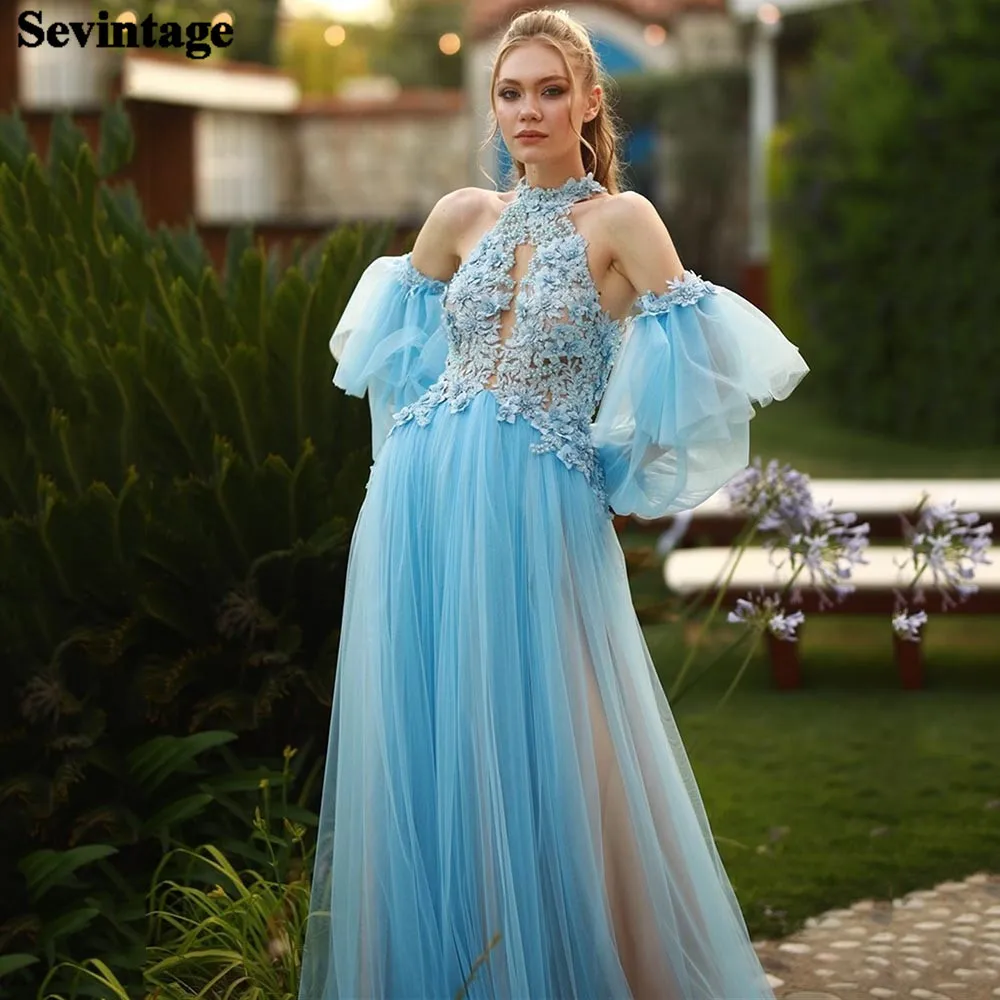 

BridalAffair Sky Blue Champagne Prom Dresses Lace Beaded Halter Evening Party Gowns Removable Long Puffy Special Formal Dresses