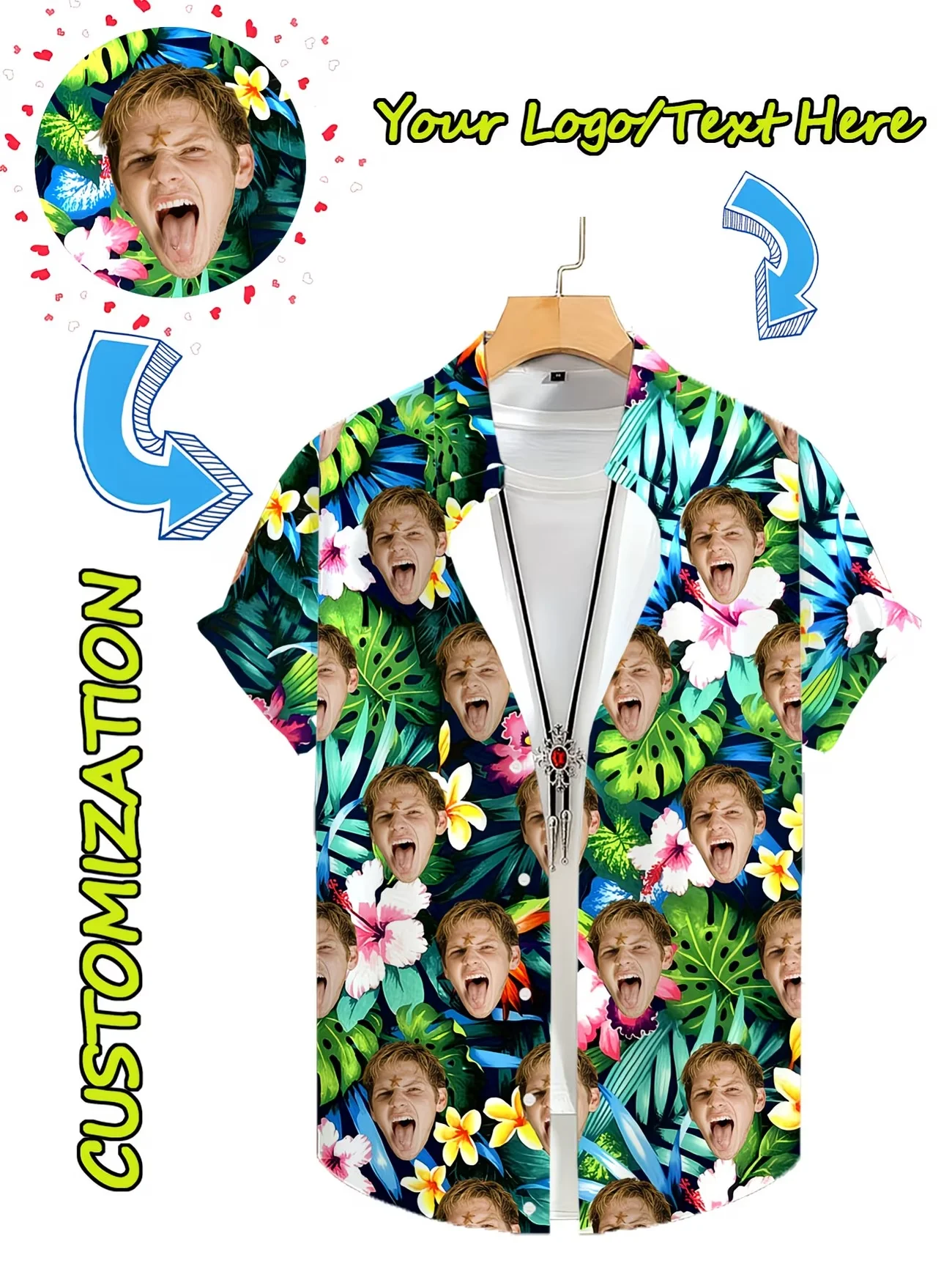 Customizable Face Leopard Print Hawaiian Shirt Men Personalized Photo Button Up Short Sleeve Beach Tee Funny Gift For Daily Wear