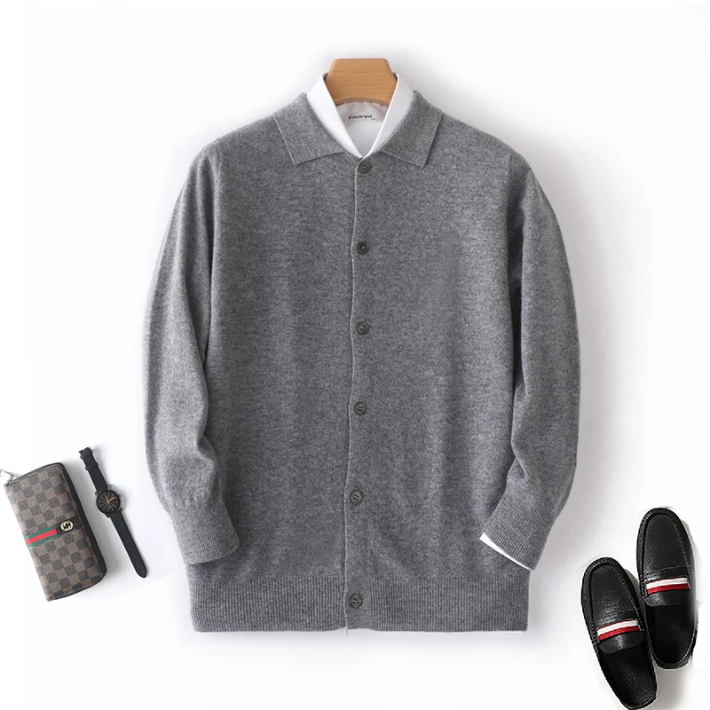 100% Wool Lapel Cardigan In Autumn And Winter Men's Polo Neck Thick Sweater Long Sleeve Business Casual Sweater Coat Jacket.