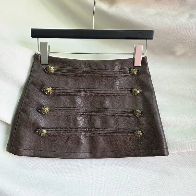 Autumn Double Breasted Design PU Low Waist Skirt American Retro Casual Fashion High Street Women's Solid Color A-line Skirts