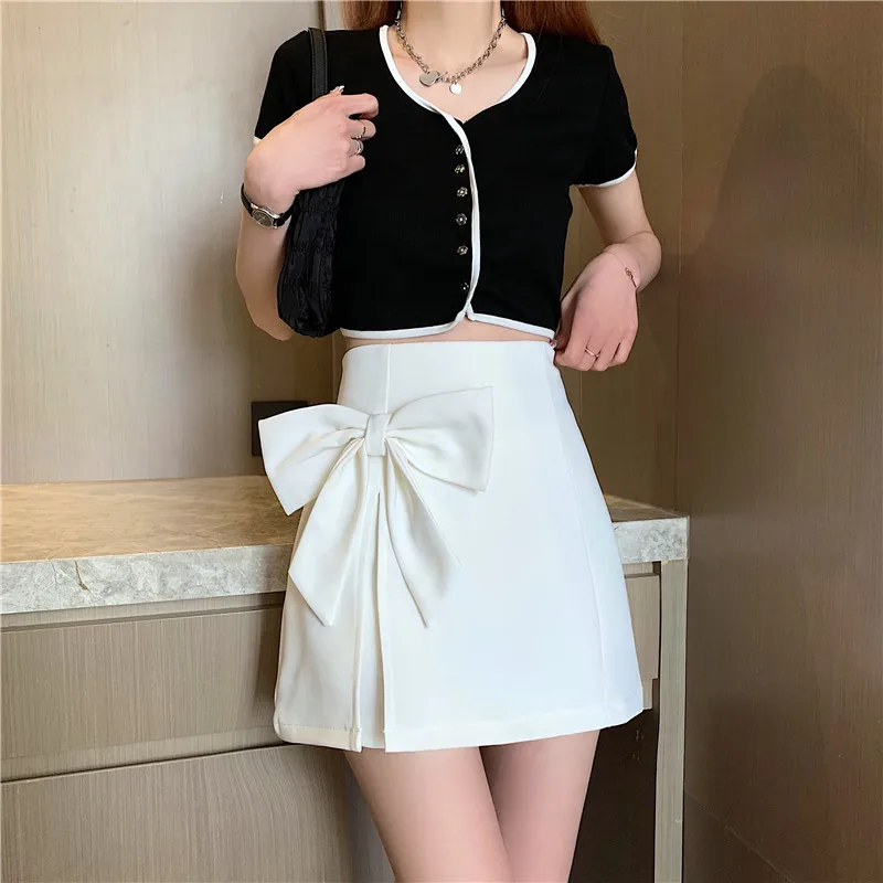 تنورة نسائية صيفية كبيرة الحجم عالية الخصر بفيونكة حلوة جديدة تنورة أنيقة بمزاج على شكل حرف a تنانير كورية متعددة الاستخدامات لتقليل العمر