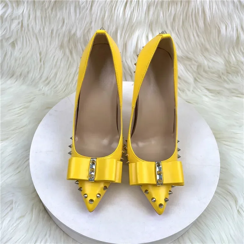 Office Career Women Pumps PU 12CM Stiletto 2023 New Butterfly Rivet Pointed Shallow Mouth Single Shoe Woman Shoe Yellow