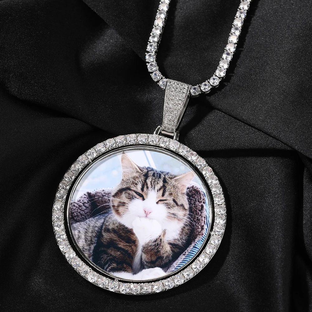 THE BLING KING Custom Oversize Round Spin Photo Memory Pendant DIY Two Pic Medallions Necklace Hiphop Jewelry For Family Gift