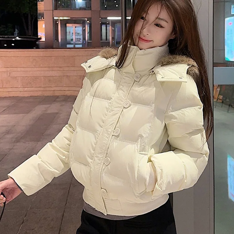 Koreanische Dünne Kurze Baumwolle Jacken Frauen 2025, Winter Pelzigen Kragen Mit Kapuze Parkas Frau Taste Dicke Warme Parka Jacke Weibliche
