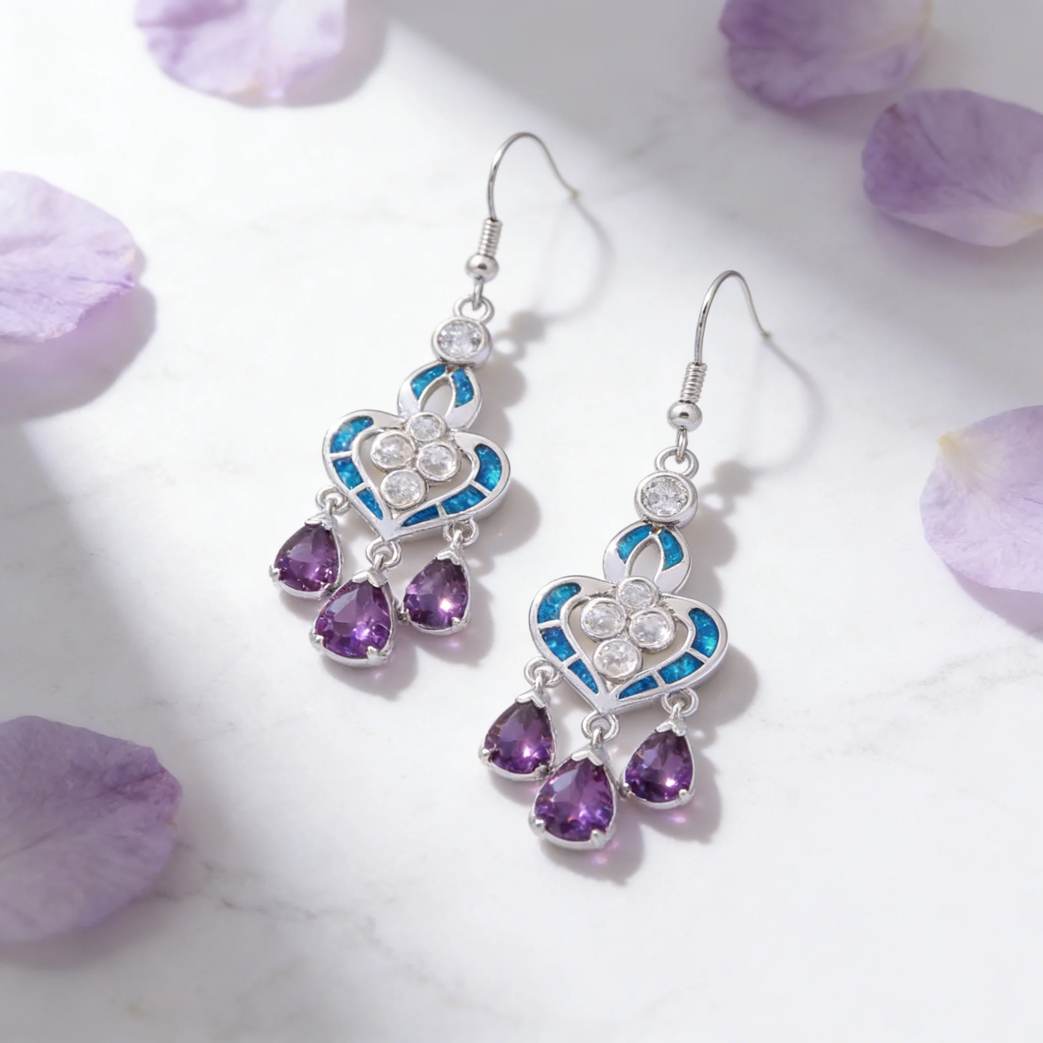 Heart Shape Earrings with Blue Opal and Lavender Drop Gems,Boho Chic Dangle Earrings for Women,Hypoallergenic Statement Jewelry view 3