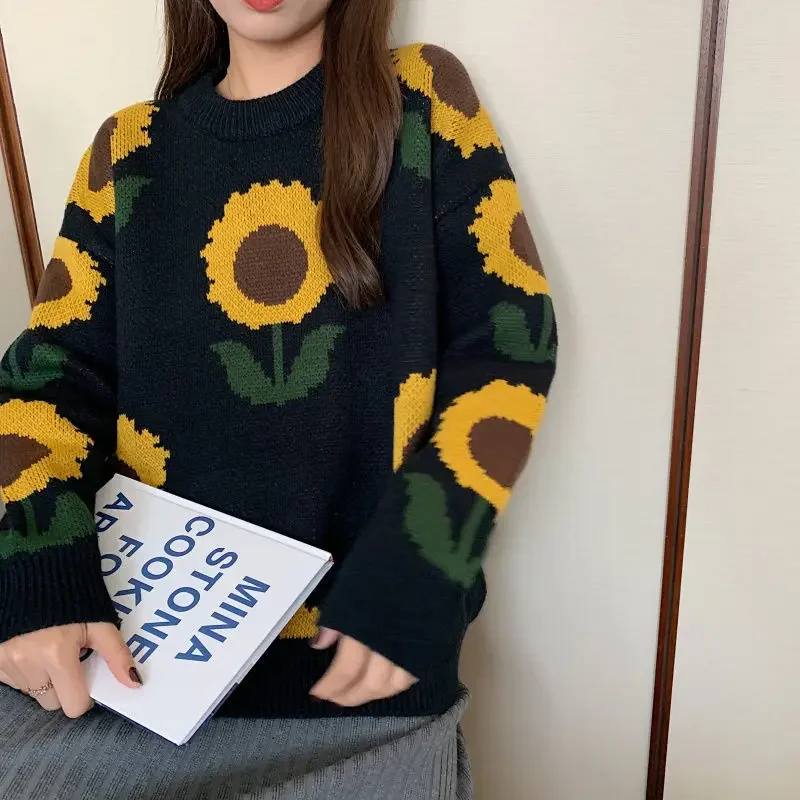 2024 Autumn and Winter Korean Version Outerwear Pullover Sunflower Knitted Sweater Women\'s New Round Neck Knitted Pullover