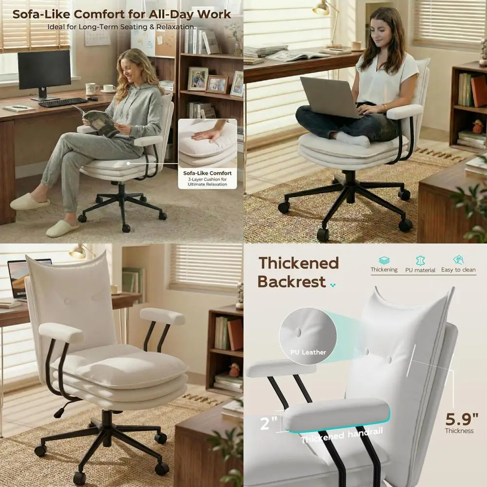 

Современное трехслойное кожаное офисное кресло с мягким сиденьем середины века и колесиками и подлокотниками для домашнего использования