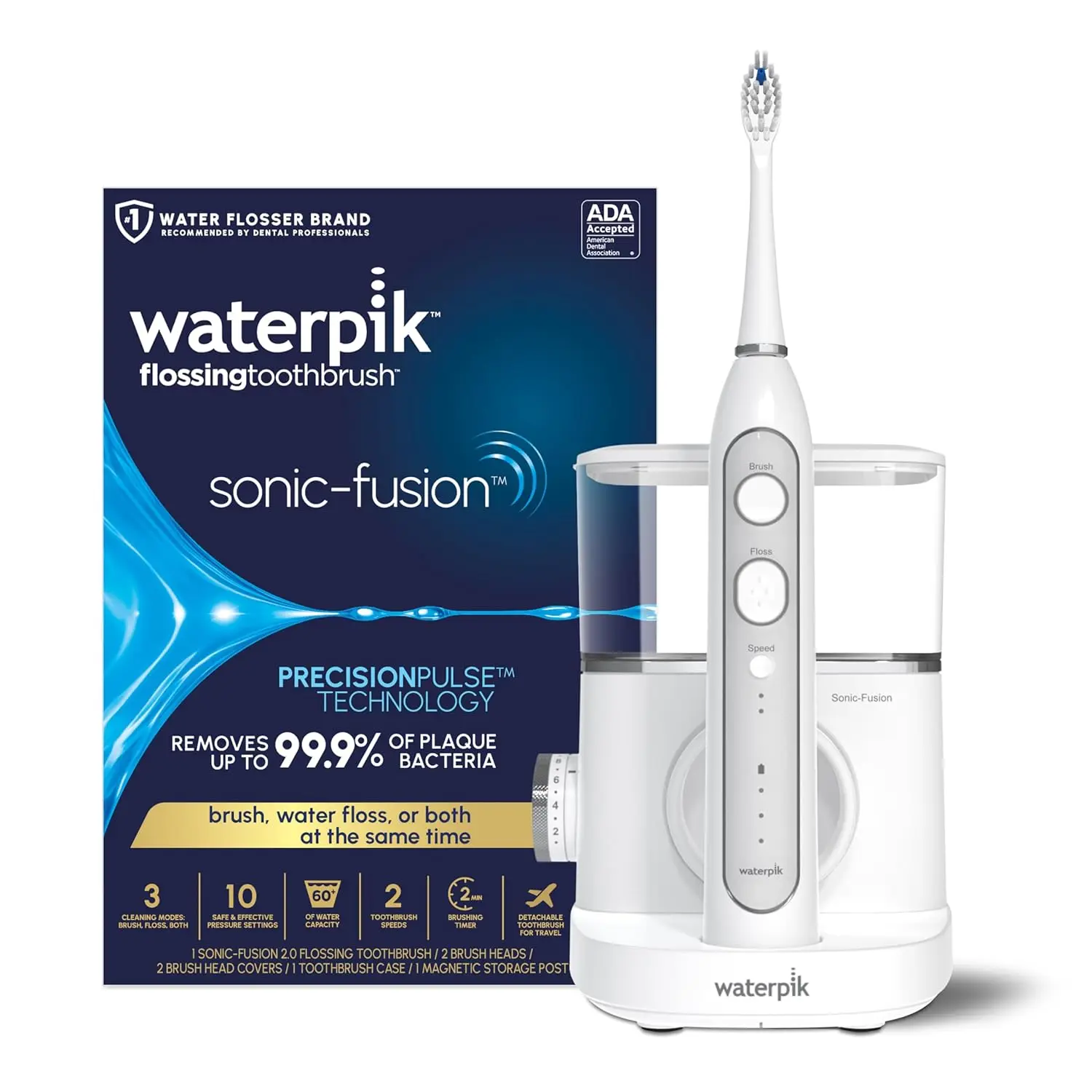 

Зубная щетка Waterpik Sonic-Fusion 2.0 с зубной нитью, комбинированная электрическая зубная щетка и водная нитью, белая SF-04, упаковка может быть различной