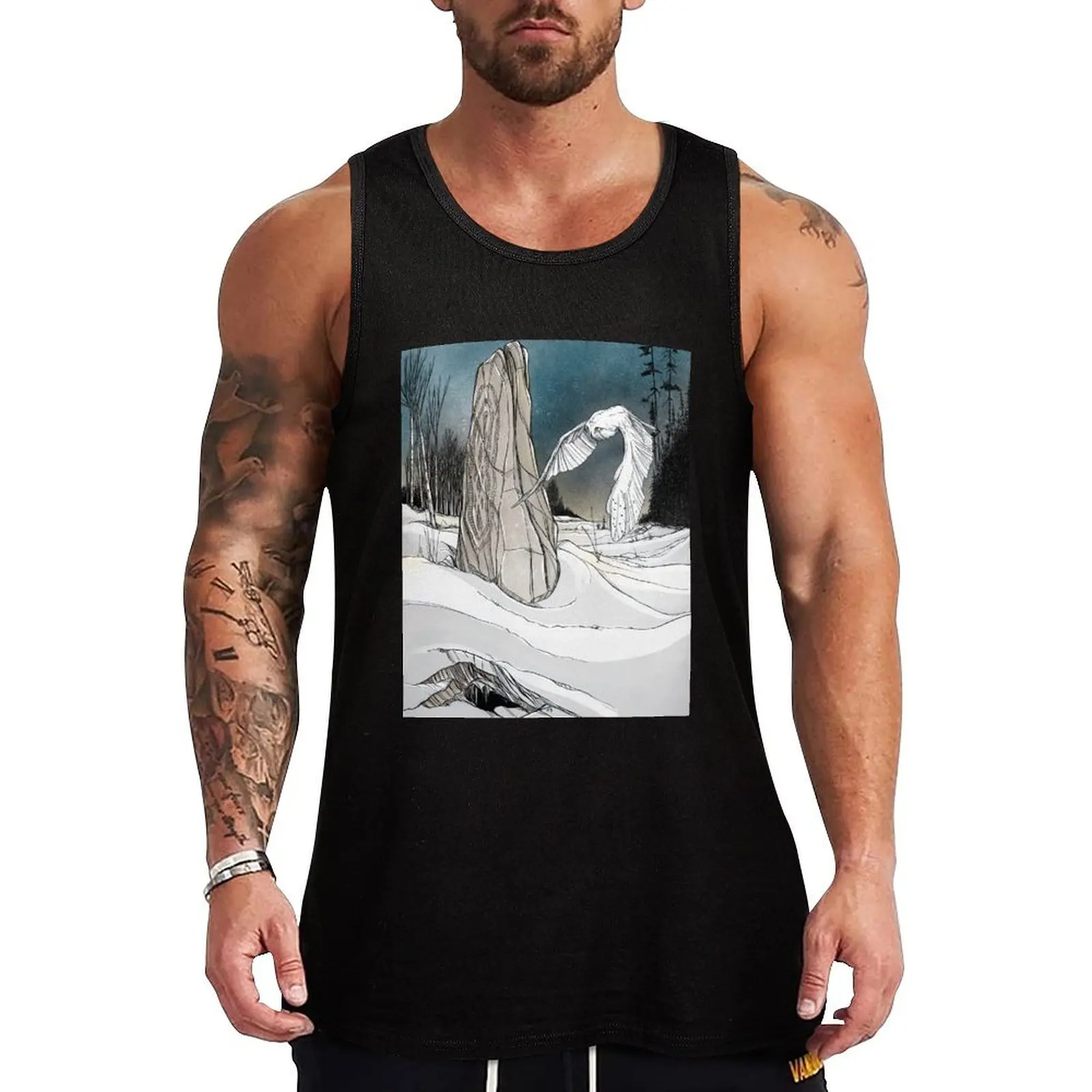 Snowy Owl and Standing Stone Tank Top Athletic Workout Tank Top Moisture Wicking Lightweight