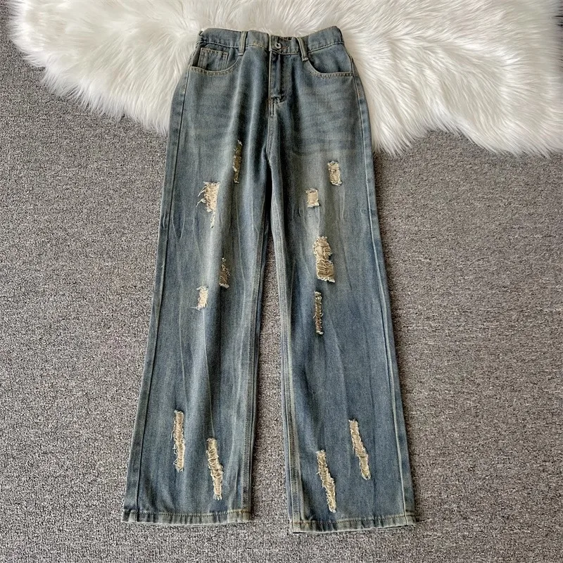 الصيف الرجال ممزق الجينز الرجعية غسلها مستقيم الساق السراويل الأمريكية عارضة أزياء خمر الشارع الشهير الذكور الدنيم السراويل