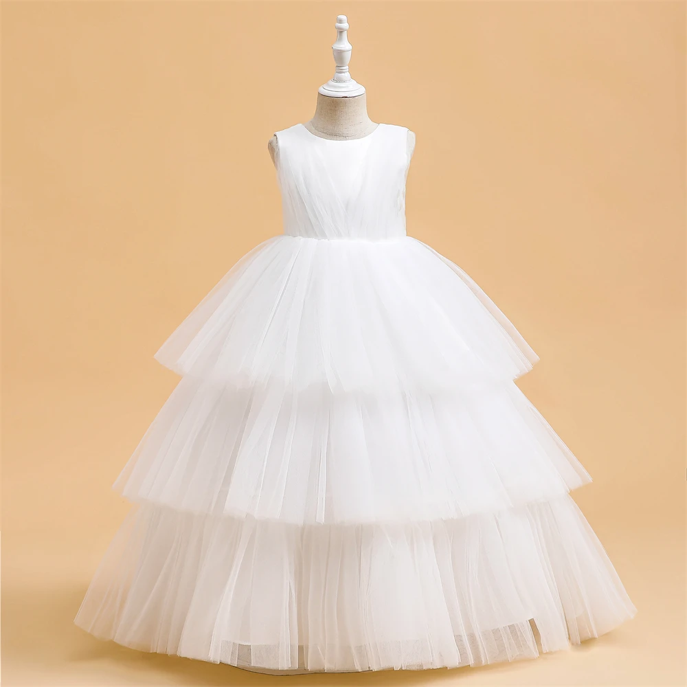 Girls Bridesmaid Party Dress Christmas Costumes Elegant Layered Princess Dresses for Girl Bow Birthday First Communion Prom Gown