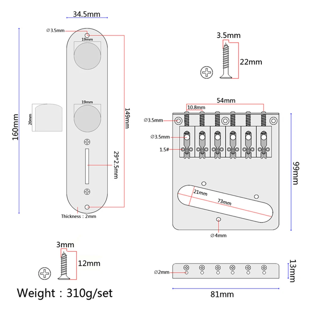 6Pcs String Guitar Tremolo Bridge with Control Plate Screws Wrench for TL Guitar Hardtail Bridge Tailpiece Guitar Parts